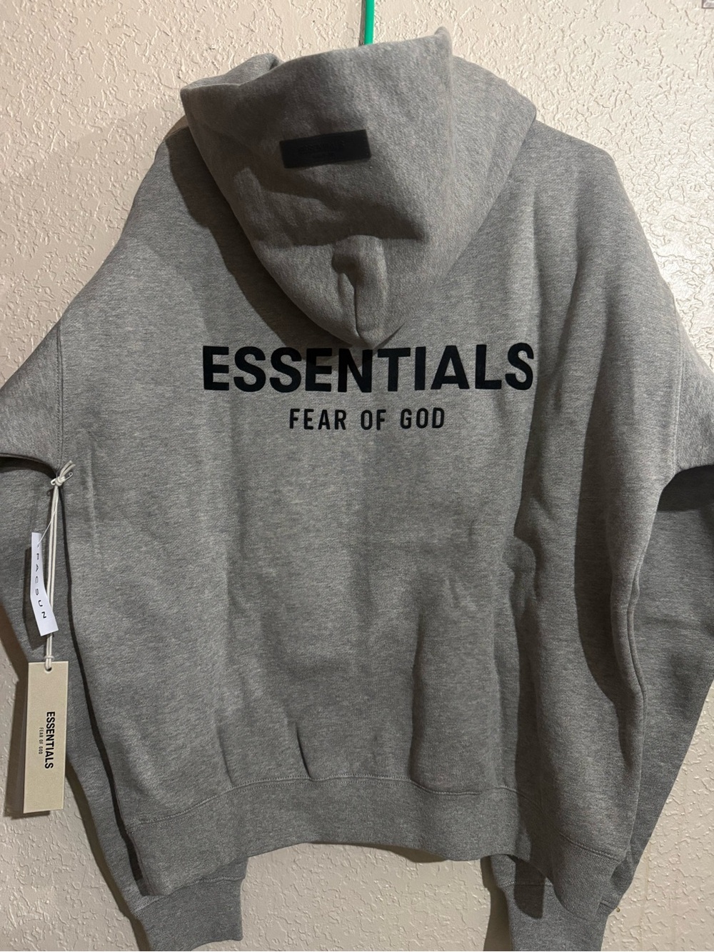 Fear of God ESSENTIALS dark oatmeal Logo Back Hoodie XS and S